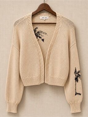 John + Jenn Palm Tree Embroidered Chunky Knit Cardigan Coastal Luxe L/G